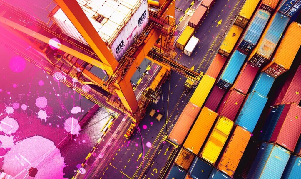B2B-Logistik: Ein Containerhafen mit bunten Containern und einem großen gelben Kran.