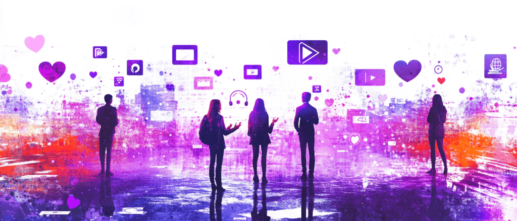 Content-Strategie: Wie Ihre Marke zur Storytelling Brand wird 4 Ein Panorama mit vier Menschen vor Social Media Icons. Symbolbild für Content Strategie.