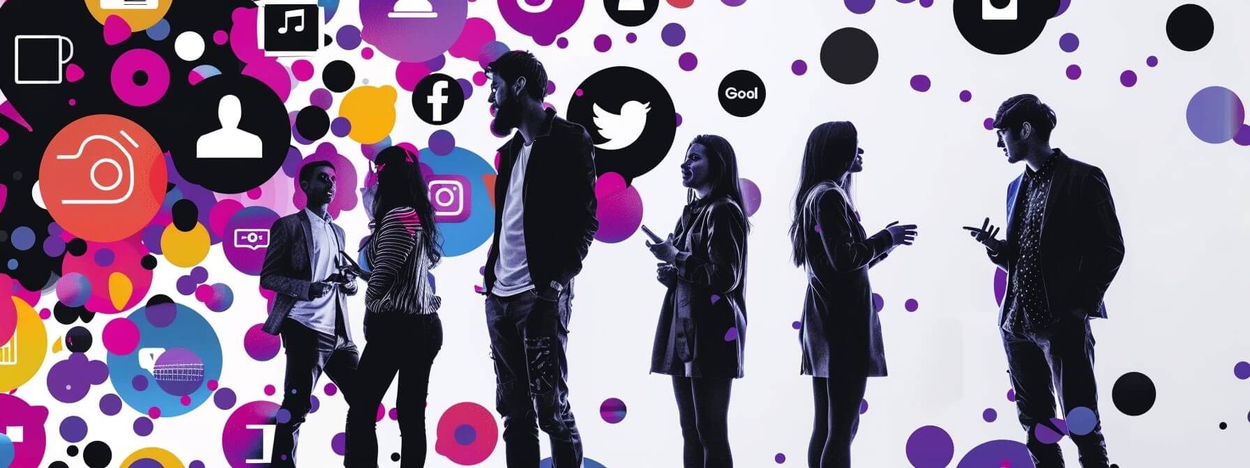 Content Strategie Symbolbild - Junge Leute beim Diskutieren zwischen Social Media Icons
