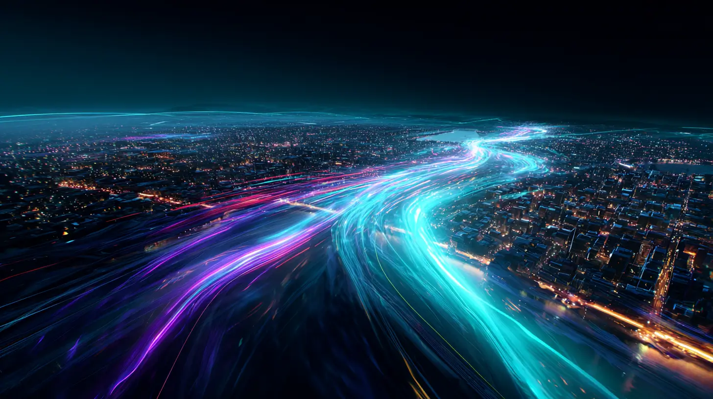 Futuristische Luftaufnahme einer Stadt bei Nacht mit leuchtenden, mehrfarbigen Lichtströmen, die sich wie Daten- oder Kommunikationsflüsse durch die urbane Landschaft ziehen – ein visuelles Sinnbild für vernetzte Kommunikation, strategischen Informationsfluss und digitale Geschwindigkeit.