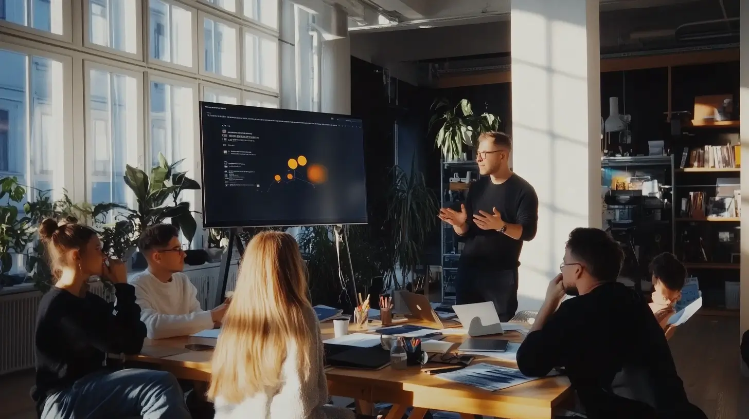 Ein Team sitzt in einem modernen, lichtdurchfluteten Büro-Loft um einen großen Holztisch, während ein Mann im schwarzen Pullover ein Briefing vor einem großen Bildschirm hält. Auf dem Bildschirm sind Datenvisualisierungen zu sehen. Die Szene vermittelt Kreativität, Teamarbeit und professionelle Vorbereitung.