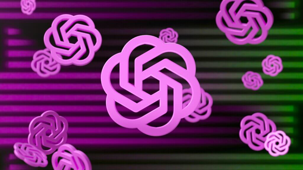 3D-Illustration mehrerer pink-violetter OpenAI-Logos auf einem schwarz-grün-violetten, unscharfen Hintergrund mit horizontalen Streifen. Die Logos scheinen zu schweben und sind unterschiedlich groß dargestellt.––