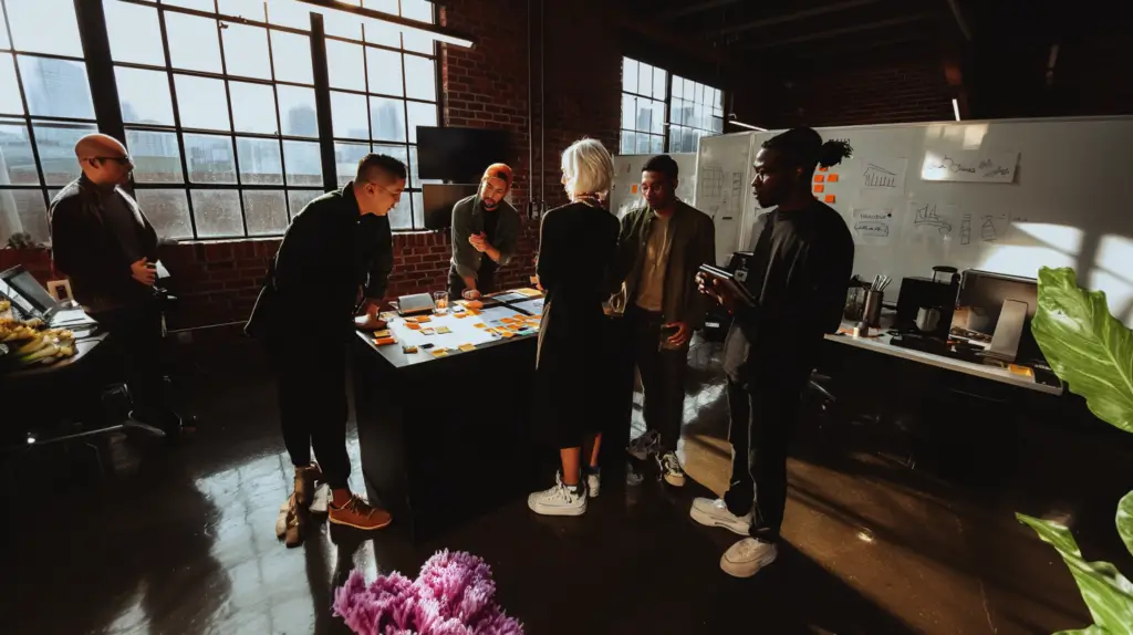 Ein diverses, sechsköpfiges Startup-Team steht in einem modernen, industriell anmutenden Büro mit Backsteinwänden und großen Fenstern. Die Teammitglieder, darunter Frauen und Männer unterschiedlicher Herkunft, diskutieren fokussiert über Business-Charts und bunte Post-its auf einem zentralen Tisch. Im Hintergrund sind Whiteboards mit Diagrammen und ein Arbeitsplatz mit Technik-Equipment zu sehen. Die Szene wirkt kreativ, kollaborativ und professionell – typisch für einen innovativen B2B-Arbeitskontext.