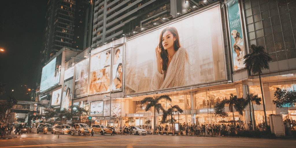 Marketing-Revolution 2025: Wie AI die Werbung für immer verändert 6 Belebte Großstadtstraße bei Nacht mit riesigen, leuchtenden Werbeplakaten an einer modernen Shopping Mall – Fokus auf Mode-Werbung mit stilisierten Frauenporträts.