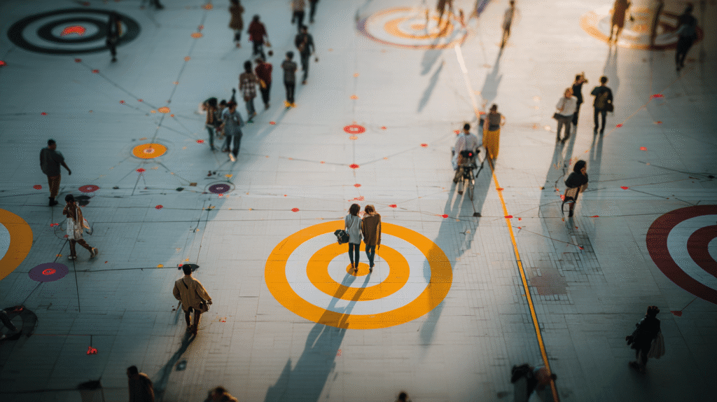 Wie Sie für Ihr Unternehmen eine Kommunikationsstrategie planen und umsetze 2 Menschen bewegen sich über einen großen Platz mit farbigen Zielkreis-Markierungen; zwei Personen stehen zentral auf einem gelben Kreis, während Linien und Punkte ein Netz aus Wegen andeuten. Symbol für Kommunikationsstrategie.